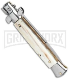 SKM 9" Italian Stiletto Honey Horn Automatic Knife - Bayonet -Grindworx SKM 9in Italian Stiletto Auto Honey Horn Satin Bayo BHQ 131268 jr side large