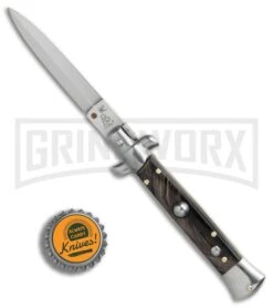 SKM/AB 8" Italian Stiletto Dark Horn Automatic Knife - Satin Dagger -Grindworx SKM AB 8in italian stiletto dark horn satin dagger BP 22713 er bottlecap large