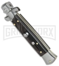 SKM/AB 8" Italian Stiletto Dark Horn Automatic Knife - Satin Dagger -Grindworx SKM AB 8in italian stiletto dark horn satin dagger BP 22713 er spine large