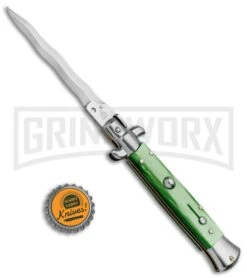 SKM/AB 9" Green Acrylic Automatic Stiletto Knife - Satin Kris -Grindworx SKM AB 9in Italian Stiletto Acrylic Green Kriss BP 6056 jr bottlecap large
