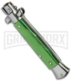 SKM/AB 9" Green Acrylic Automatic Stiletto Knife - Satin Kris -Grindworx SKM AB 9in Italian Stiletto Acrylic Green Kriss BP 6056 jr side large