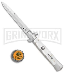 SKM 9" Italian Stiletto White Pearlex Automatic Knife - Satin Bayonet -Grindworx SKM AB 9in Italian Stiletto Auto White Pearlex Satin Bayonet BHQ 51164 er bottlecap large
