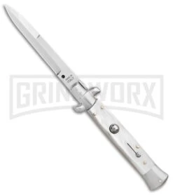 SKM 9" Italian Stiletto White Pearlex Automatic Knife - Satin Bayonet