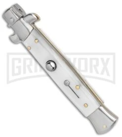 SKM 9" Italian Stiletto White Pearlex Automatic Knife - Satin Bayonet -Grindworx SKM AB 9in Italian Stiletto Auto White Pearlex Satin Bayonet BHQ 51164 er spine large