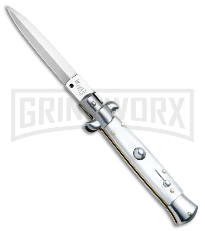 SKM/AB 9" Italian Stiletto White Pearlex Automatic Knife - Satin Dagger 3 SKM/AB 9" Italian Stiletto White Pearlex Automatic Knife - Satin Dagger