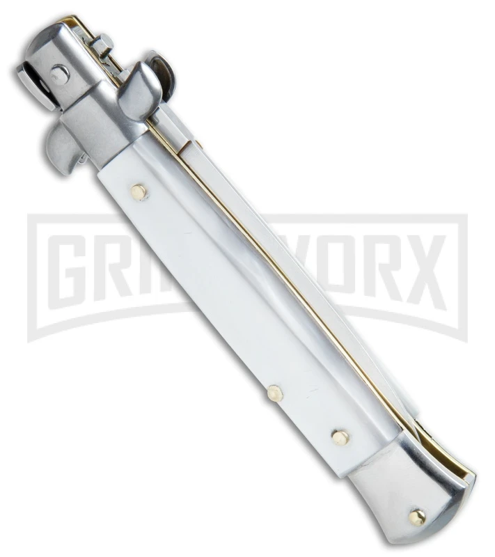 SKM/AB 9" Italian Stiletto White Pearlex Automatic Knife - Satin Dagger 5 SKM/AB 9" Italian Stiletto White Pearlex Automatic Knife - Satin Dagger - Image 3