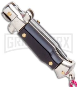 Italian Stiletto Black Automatic Knife Pink Keychain - Flat Grind -Grindworx SKM Italian Stiletto Keychain Auto Black Pink Satin BHQ 102936 jr side large