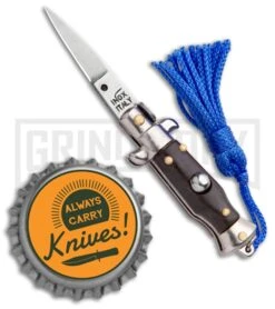 Italian Stiletto Brown Automatic Knife Blue Keychain - Flat Grind -Grindworx SKM Italian Stiletto Keychain Auto Brown Blue Satin BHQ 102945 jr bottlecap large