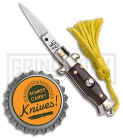 Italian Stiletto Brown Automatic Knife Yellow Keychain - Flat Grind -Grindworx SKM Italian Stiletto Keychain Auto Brown Yellow Satin BHQ 102941 jr bottlecap large