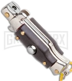 Italian Stiletto Brown Automatic Knife Yellow Keychain - Flat Grind -Grindworx SKM Italian Stiletto Keychain Auto Brown Yellow Satin BHQ 102941 jr spine large