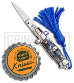 Italian Stiletto Gray Marble Automatic Knife Blue Keychain - Flat Grind -Grindworx SKM Italian Stiletto Keychain Auto Marble Blue Satin BHQ 102947 jr bottlecap large