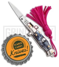 Italian Stiletto Gray Marble Automatic Knife Pink Keychain - Flat Grind -Grindworx SKM Italian Stiletto Keychain Auto Marble Pink Satin BHQ 102938 jr bottlecap large