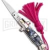 Italian Stiletto Gray Marble Automatic Knife Pink Keychain - Flat Grind -Grindworx SKM Italian Stiletto Keychain Auto Marble Pink Satin BHQ 102938 jr large
