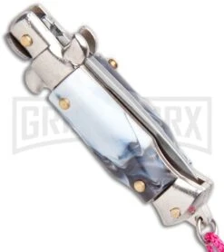 Italian Stiletto Gray Marble Automatic Knife Pink Keychain - Flat Grind -Grindworx SKM Italian Stiletto Keychain Auto Marble Pink Satin BHQ 102938 jr side large