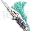 Italian Stiletto Gray Marble Automatic Knife Teal Keychain - Flat Grind -Grindworx SKM Italian Stiletto Keychain Auto Marble Teal Satin BHQ 102943 jr large