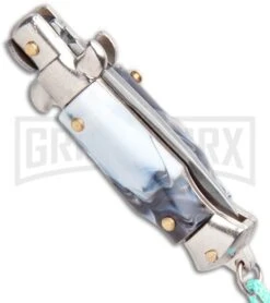 Italian Stiletto Gray Marble Automatic Knife Teal Keychain - Flat Grind -Grindworx SKM Italian Stiletto Keychain Auto Marble Teal Satin BHQ 102943 jr side large