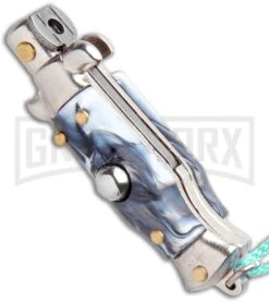 Italian Stiletto Gray Marble Automatic Knife Teal Keychain - Flat Grind -Grindworx SKM Italian Stiletto Keychain Auto Marble Teal Satin BHQ 102943 jr spine large