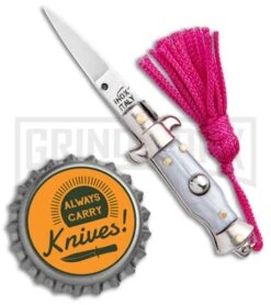 SKM Italian Stiletto Gray Automatic Knife Pink Keychain - Flat Grind -Grindworx SKM Italian Stiletto Keychain Auto Silver Pink Satin BHQ 102939 jr bottlecap large