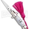 SKM Italian Stiletto Gray Automatic Knife Pink Keychain - Flat Grind -Grindworx SKM Italian Stiletto Keychain Auto Silver Pink Satin BHQ 102939 jr large