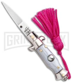SKM Italian Stiletto Gray Automatic Knife Pink Keychain - Flat Grind