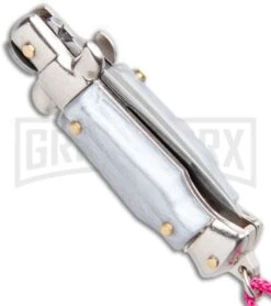 SKM Italian Stiletto Gray Automatic Knife Pink Keychain - Flat Grind -Grindworx SKM Italian Stiletto Keychain Auto Silver Pink Satin BHQ 102939 jr side large