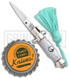 Italian Stiletto Gray Automatic Knife Teal Keychain - Flat Grind -Grindworx SKM Italian Stiletto Keychain Auto Silver Teal Satin BHQ 102942 jr bottlecap large