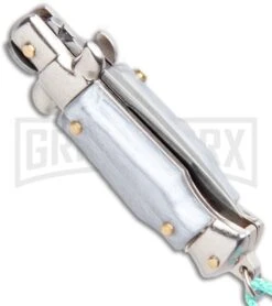 Italian Stiletto Gray Automatic Knife Teal Keychain - Flat Grind -Grindworx SKM Italian Stiletto Keychain Auto Silver Teal Satin BHQ 102942 jr side large