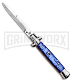 SKM 9" Marble Blue Acrylic Automatic Stiletto Knife - Satin Bayonet
