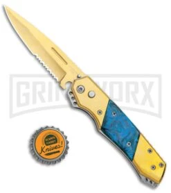 Super Knife Croc Automatic Knife Gold W/ Blue Inlay - Gold Serr 9 Super Knife Croc Automatic Knife Gold W/ Blue Inlay - Gold Serr -Grindworx Super Knife Croc Auto Stainless Gold Blue Serr GX 35767 jr bottlecap large