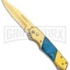 Super Knife Croc Automatic Knife Gold W/ Blue Inlay - Gold Serr -Grindworx Super Knife Croc Auto Stainless Gold Blue Serr GX 35767 jr large