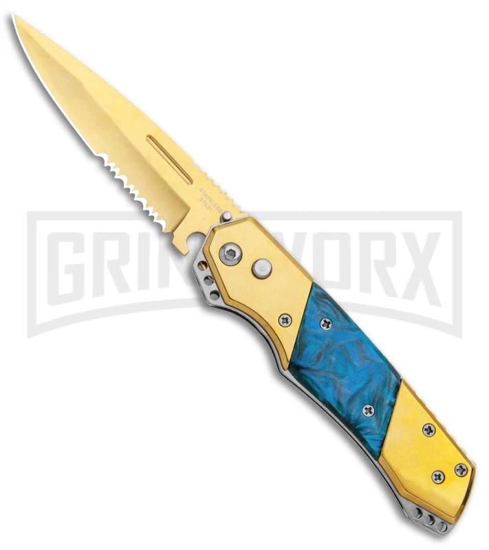 Super Knife Croc Automatic Knife Gold W/ Blue Inlay - Gold Serr 3 Super Knife Croc Automatic Knife Gold W/ Blue Inlay - Gold Serr