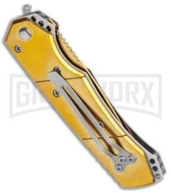 Super Knife Croc Automatic Knife Gold W/ Blue Inlay - Gold Serr 8 Super Knife Croc Automatic Knife Gold W/ Blue Inlay - Gold Serr -Grindworx Super Knife Croc Auto Stainless Gold Blue Serr GX 35767 jr side large