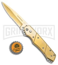 Super Knife Croc Automatic Knife Stainless Gold W/ Gold Inlay - Gold Serr -Grindworx Super Knife Croc Auto Stainless Gold Gold Inlay Gold Serr GX 34967 jr bottlecap large