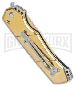 Super Knife Croc Automatic Knife Stainless Gold W/ Gold Inlay - Gold Serr -Grindworx Super Knife Croc Auto Stainless Gold Gold Inlay Gold Serr GX 34967 jr side large