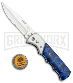 Super Knife Dingo Blue Marble Acrylic Automatic Knife - Satin Serr -Grindworx Super Knife Dingo Blue Marble Acrylic Auto Satin Serr GA623SLMBL GX 33492 jr bottlecap large