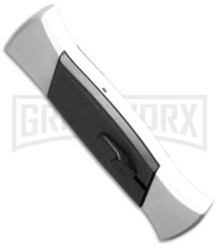 AKC 777 Blackfinger White/Black OTF Automatic Knife - Flat Grind Satin Plain -Grindworx akc 777 white satin flat bottom cm large