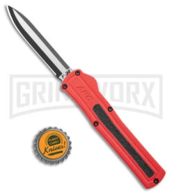 AKC F-20 Red D/A OTF Automatic Knife - Two Tone Plain -Grindworx akc f 20 da otf auto black red aluminum tt dagger BHQ 177264 jr bottlecap large