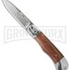8" Medteh Russian Bottom Bolster Stiletto Light Wood Automatic Knife - Satin -Grindworx blade play russian leverlock bottom bolster li cm large