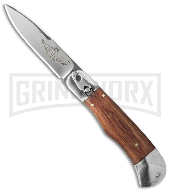 8" Medteh Russian Bottom Bolster Stiletto Light Wood Automatic Knife - Satin 3 8" Medteh Russian Bottom Bolster Stiletto Light Wood Automatic Knife - Satin