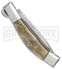 Lepre 10' Brazilian Honey Horn Picklock Automatic Knife Filework - Satin Plain -Grindworx lepre 10in brazillian honey horn filework BP 18830 er side large