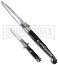 A.G.A. Campolin 12" Dark Horn Sicilian RIng Pull Automatic Knife - Bayonet -Grindworx ltd sicilian ring dark bayo 6in dark horn stiletto flat sizes large