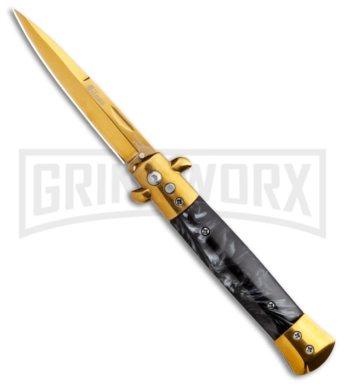 Front Page -Grindworx 9in Milano Stiletto Black Marble Gold Blade Automatic Knife Gold Plain GSE018GDMBK GX 35286 LS 2 large